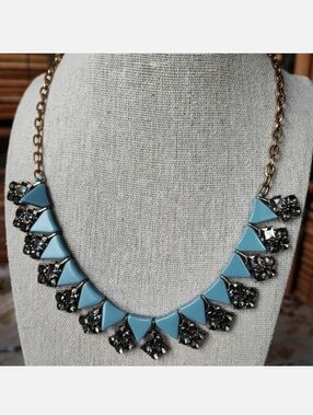 J. Crew Art Deco Revival Triangle Cornflower Blue Brass Smoke Stone Necklace EUC